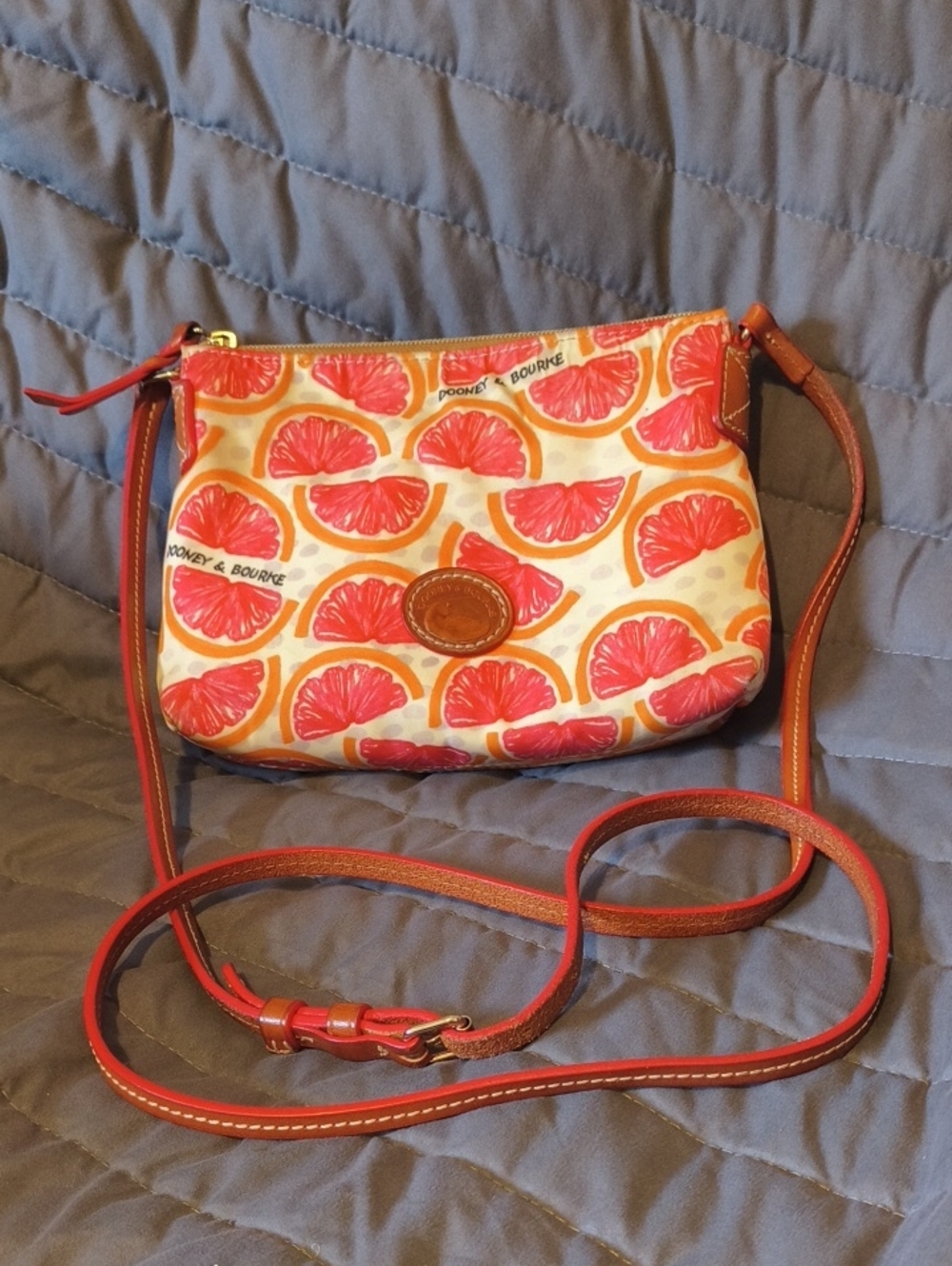 Dooney & Bourke Coral Citrus Print Crossbody with Brown Leather Trim